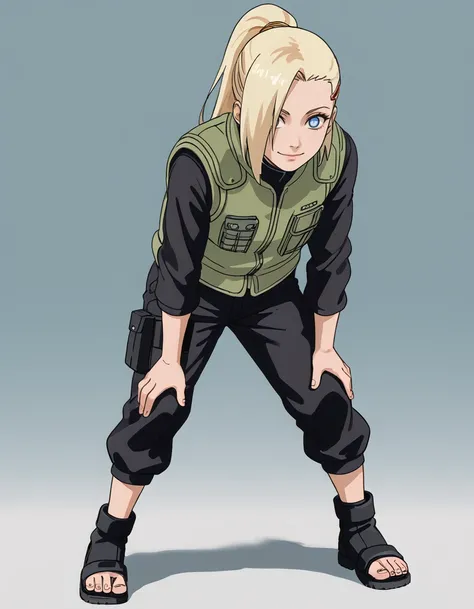 <lora:Ino_Yamanaka-step00000400:1>, 1girl, solo, ino_yamanaka, uniform, green vest, black pants, black sleeves, toeless footwear, leaning forward, hands on legs, smile, simple background