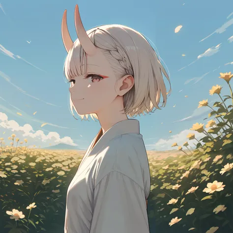 anime - style image of a woman with horns in a field of flowers