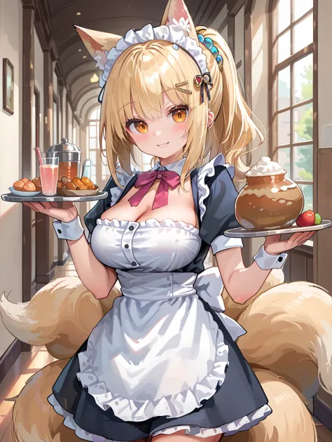 score_9, score_8_up, score_7_up,source_anime, <lora:style002:0.7>,
 1girl, solo, blonde hair, ponytail, amber eyes, hair ornament, fox ears, large breasts, multiple tails, maid headdress, maid dress, apron, frills, looking at you, smile, blush, holding tra...