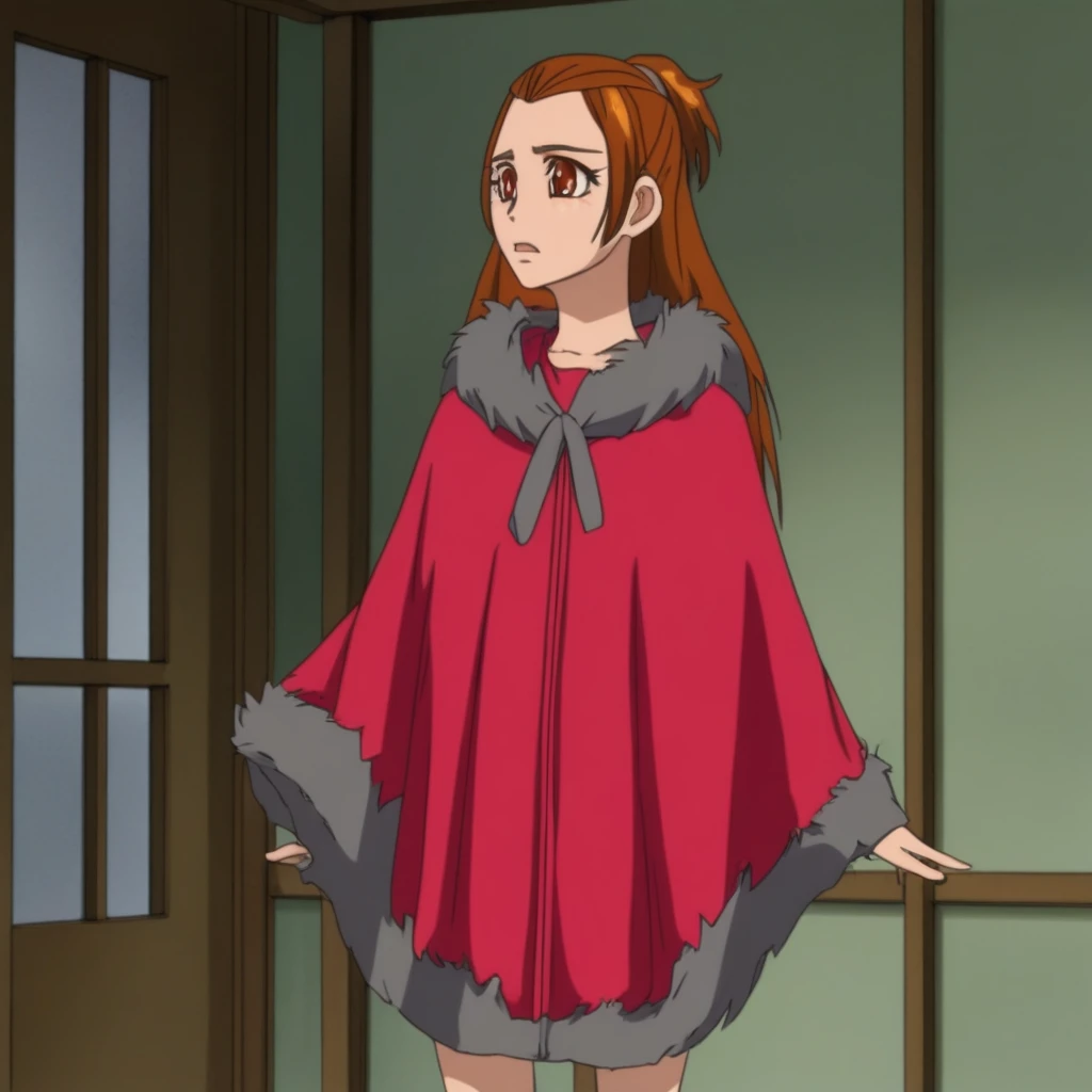 hair pulled back,copper long hair,half updo,brown eyes,red blouson,fur-trimmed crimson Poncho,gray layered skirt,standing