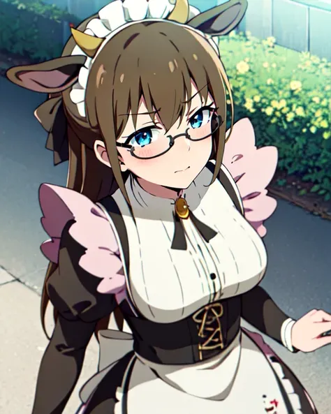 <lora:CowAceMaidR4:0.7>,CowAceMaidR4, 
masterpiece, highres, best quality, 
1girl, brown hair, blue eyes, glasses, maid, maid apron, animal ears, cow horns, , maid headdress, cow pattern, outdoors,