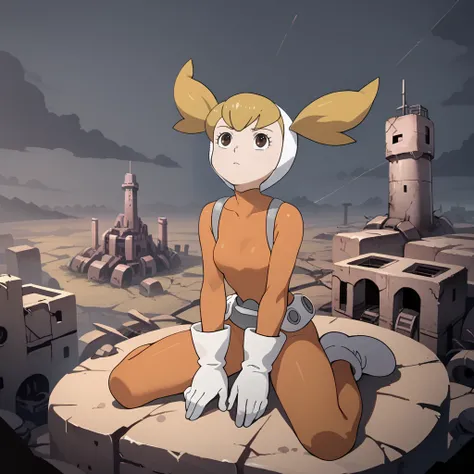 score_9, score_8_up, score_7_up, 1girl, solo, uncensored,  kaibaneiro,  serious, sitting, looking up, blonde hair, brown eyes, white hood, orange bodysuit, white gloves, white footwear, outdoors, abstract background, wasteland, ruins, tower, purple clouds,...