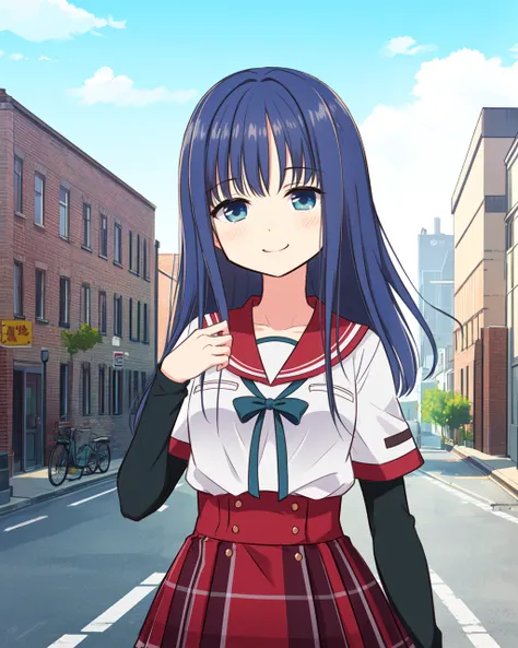 masterpiece, high quality, mgrcyachioutfits, 1girl, blue hair, blue eyes, upper body, medium shot, dynamic pose, white with red shirt, long black sleeves, blue bowtie, red striped skirt, hand in hair, light smile, outdoors, city, street, evening, (side vie...