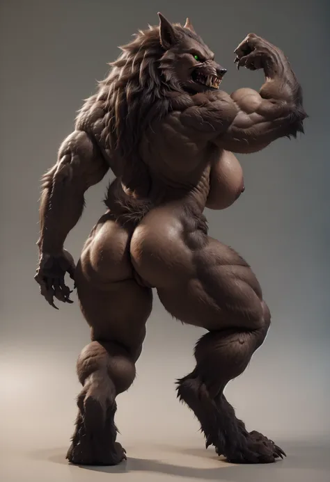 score_9, score_8_up, score_7_up, score_6_up, score_5_up, score_4_up, 1girl,   <lora:gWerewolf:0.8> gww, furry, furry female, werewolf, fangs, sharp teeth, teeth, nude, muscular, animal ears, large breasts, standing, looking back, brown fur, green eyes, col...