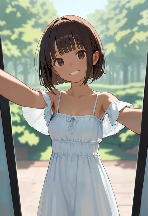 anime girl in a white dress holding a glass door