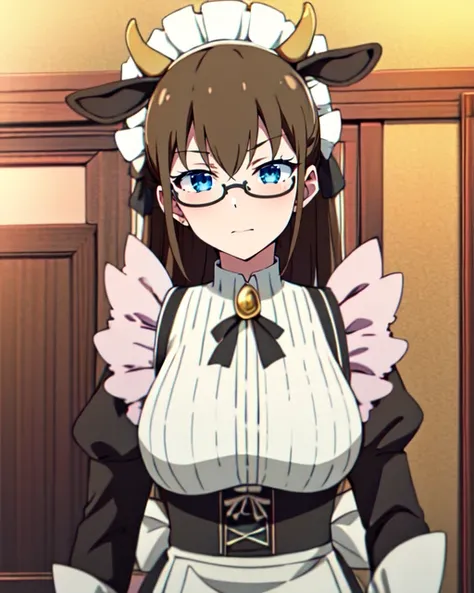 <lora:CowAceMaidR4:0.7>,CowAceMaidR4, 
masterpiece, highres, best quality, 
1girl, brown hair, blue eyes, glasses, maid, maid apron, animal ears, cow horns, , maid headdress, cow pattern, long shirt,