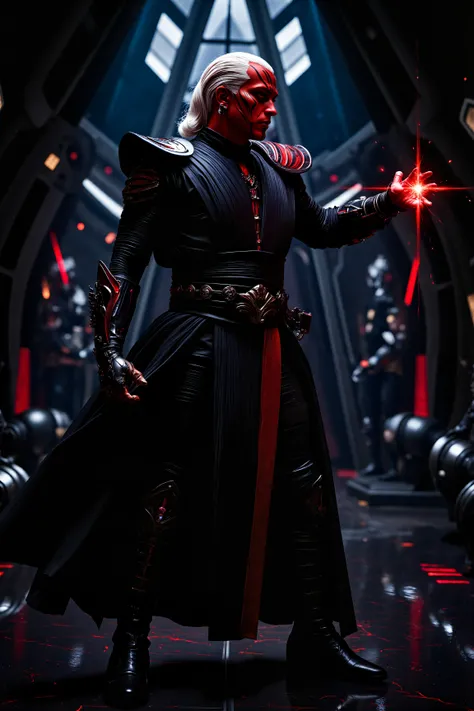 A hyper-realistic portrait, photorealistic photo close-up image of  Standing on the deck of a sleek, black Sith starfighter, a Sith Lord in sithoutfit with copper-toned skin and gleaming, white hair watches as the stars streak by in hyperspace. His black a...