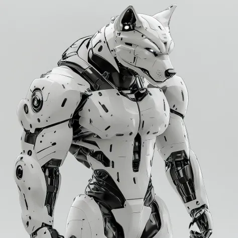 side view, white background, glowing, furry, no humans, towering, front view, glowing eyes, joints, jumping, glowing eye, robotic werewolf, standing, humanoid robot, science fiction, robot, white armor, grey background, solo, clenched hand, clenched hands