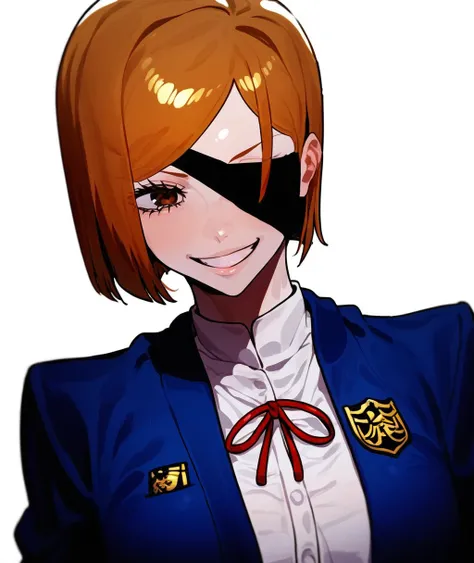 score_9, score_8_up. score_7_up,<lora:4barad44:1>,4barad44, score_9, 4barad44, 1girl, kugisaki nobara, eyepatch, smile, short hair, brown hair, white background, jujutsu tech uniform, brown eyes, simple background, school uniform, one eye covered, looking ...