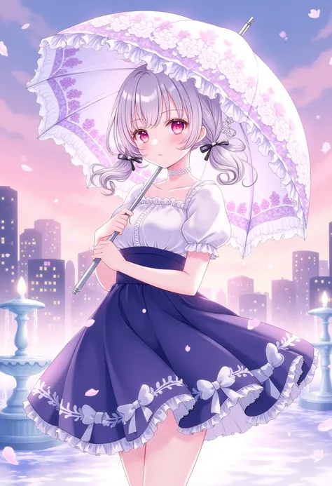 This is a digital anime-style illustration depicting a young woman standing under a large, ornate parasol. The woman has white hair styled in pigtails, with one pigtail tied with a black bow. She has large, expressive red eyes that convey a sense of curios...