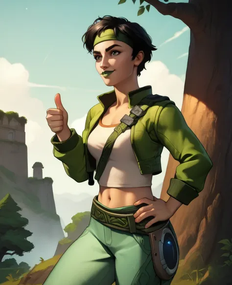 score_9,score_8_up,score_7_up,score_6_up,
jadexl,short black hair,green eyes,light smile,
headband,crop top,cropped jacket,single glove,pants,belt,thumbs up,hand on own hip,
island,tree,
<lora:JadeBGEXL:1>,