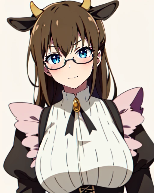 <lora:CowAceMaidR4:0.7>,CowAceMaidR4, 
masterpiece, highres, best quality, 
1girl, brown hair, blue eyes, glasses, simple background, maid, maid apron, animal ears, cow horns