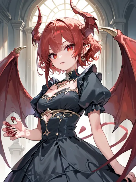 score_9, score_8_up, score_7_up,source_anime, <lora:style002:0.7>,
1girl, girl demon, red hair, red eyes, wings, claws, black dress, beautiful_face