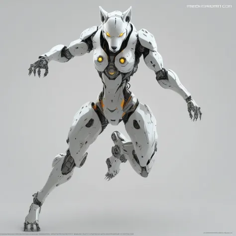 robot joints, view from the side, open hands, cyborg, yellow eyes, ass, jumping, animal ears, glowing, feminine robotic werewolf, science fiction, spot color, robot, fighting, no humans, walking, orange eyes, 1girl, glowing eyes, smooth exterior, mecha, ki...