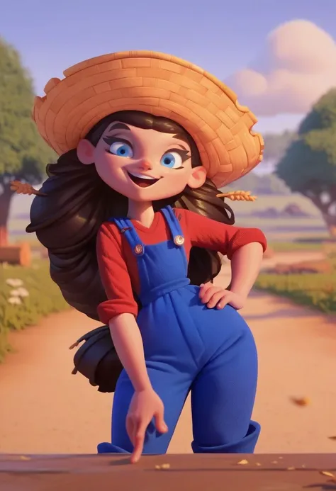 score_9_up, score_8_up, score_7, 1girl, solo, m4vis, straw hat, blue eyes, brown hair, long hair, blue overalls, red shirt, cowboy shot, looking at viewer, hand on own hip, smile, open mouth, outdoors, blurry background