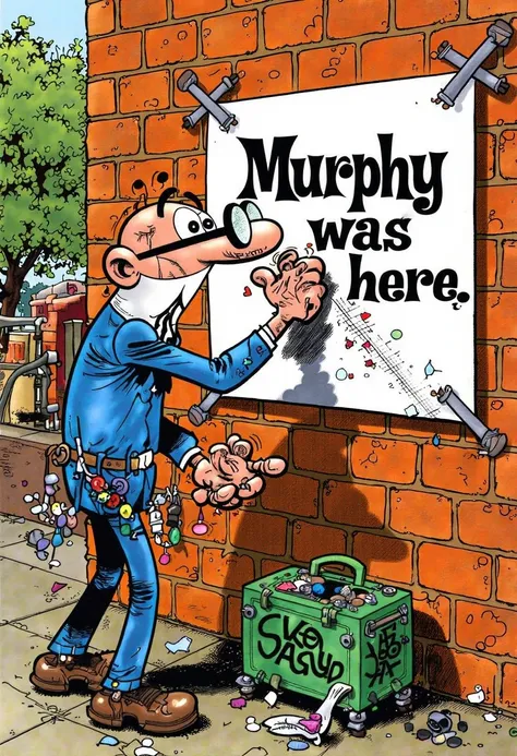 cartoonish drawing of a man mort4d3lo style wearing urban clothes painting a graffiti on a brick wall. The graffiti says "Murphy was here"