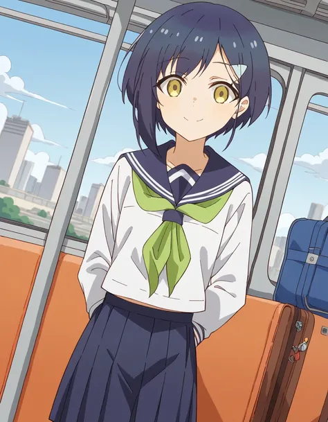 score_9, score_8_up, score_7_up, source_anime, <lora:chiharu-tsubameya-s1-ponyxl-lora-nochekaiser:1>, chiharu tsubameya, short hair, hair ornament, blue hair, yellow eyes, hairclip,, shirt, long sleeves, school uniform, serafuku, sailor collar, neckerchief...