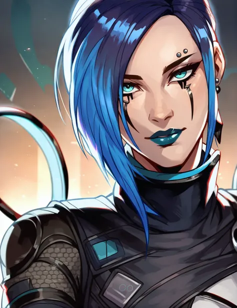 <lora:CatalystPony:0.6>,c_t, 1girl, two-tone hair, black and blue hair, dark blue lips, facial tattoos, blue eyes, eyebrow piercing, catalyst suit, collar, gloveslooking at viewer,cartoon_source,score_9, score_8_up, score_7_up,dynamic lighting