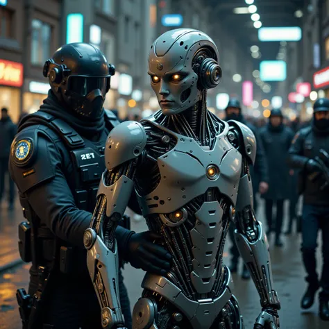 cybotix style, humanoid male being restrained by police