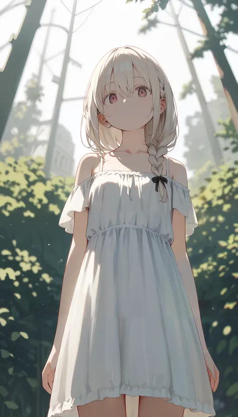 anime girl in a white dress standing in a forest