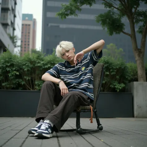 aesthetic, aesthetic pose, dynamic pose, man with white hair posing aesthetic, sitting in a chair outdoor, ultra realistic, imag...