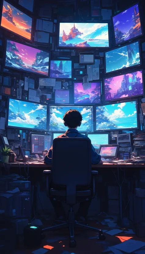 a man sitting at a desk with multiple monitors,,lyh_niji