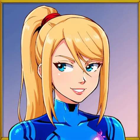 (framed) 1girl, samus, zero_suit, bust, solo, blonde_hair, blue_eyes, smile, 