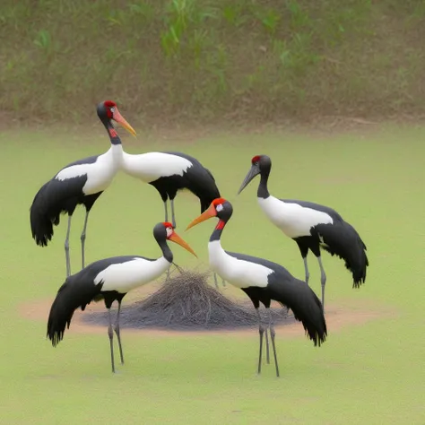 specifically a black-necked crane, possibly drinking or feeding, This is a high-resolution photograph of a large, slightly staggered formation, captured in a natural outdoor setting. The bird is prominently positioned in the center of the frame, while the ...