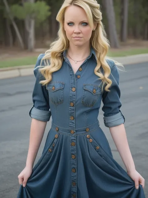 a professional absurdres sharp focus intricately detailed photograph of 
 (Kimberly_Crossman:1.1)
trying to save the world from the demons that heckin Brodie unleashed
 <lora:Outfit_DenimSleevelessDress:0.7> denim dress, long dress, buttons <lora:Kimberly_...