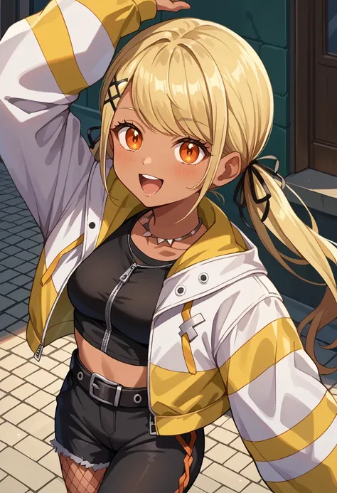 score_9, score_8_up, source_anime, 1girl, solo, QpiDefault, orange eyes, dark skin, blonde hair, long hair, swept bangs, low twintails, x hair ornament, black hair ribbon, necklace, crop top, black shirt, zipper, two-tone jacket, white jacket, yellow jacke...