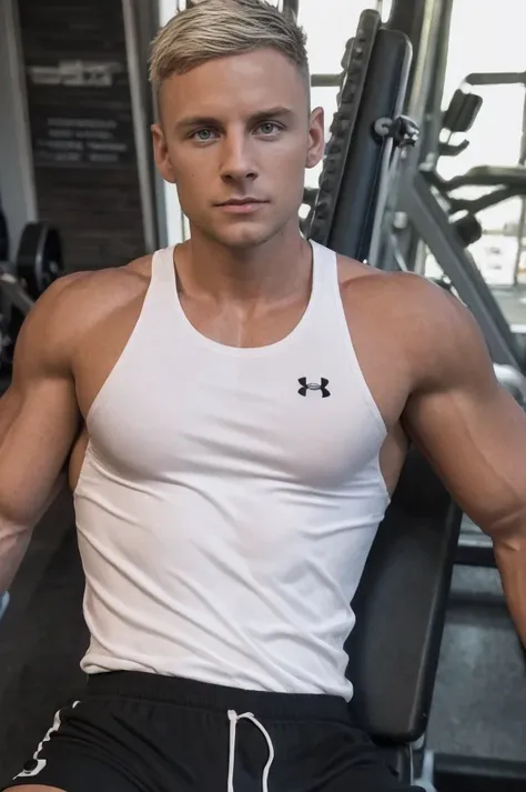 Portrait of Max Wyatt, (wearing a white compression Under Armour tank top:1.4), (wearing black shorts:1.4), (handsome man, attractive man), (sitting on the weight bench in the gym, legs spread wide:1.4), inspired by Pablo Munoz Gomez, editorial photograph,...