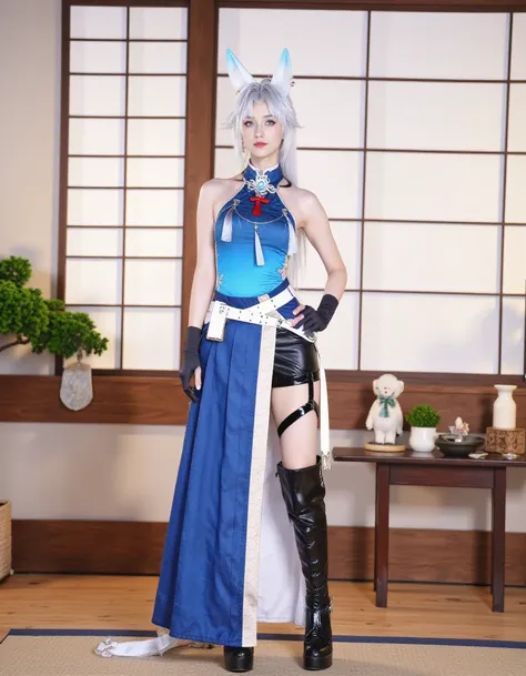 <lora:feixiao01:1.2>,feixiao,The image is a high-resolution photograph of a young woman dressed in a detailed, elaborate cosplay costume. She has long, silver hair with light blue highlights, and she wears fox-like ears with blue tips. Her makeup is subtle...