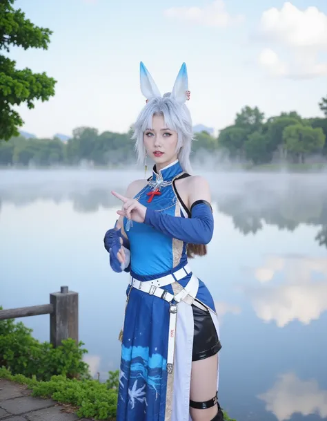 <lora:feixiao01:1.2>,feixiao,this is a yunxiao suit costume on a womans body,fantasy cosplay: a character in a futuristic or fantasy setting dressed as an anime-style warrior with blue and white attire, Scene: By a tranquil lakeside, a faint mist hovers ov...