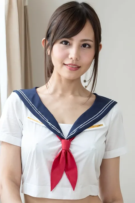 PHOTOREALISTIC REALISTIC,masterpiece,best quality,highres,original 1girl,PHOTOREALISTIC,FEMALE,REALISTIC,looking at viewer,short hair,upper_body,medium breasts,(sailor_shirt:1.2),<lora:Akane Aoi_20240918172204:0.8>,