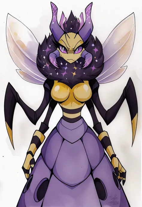 hivemine_(retrospecter), arthropod girl, absurd_res, hi_res, antennae_(anatomy), arthropod girl, bee, bee girl, arthropod abdomen, anthro, 4 arms, mandibles, hivemore form, dress, purple dress, looking at viewer, light purple eyes, serious, serious express...