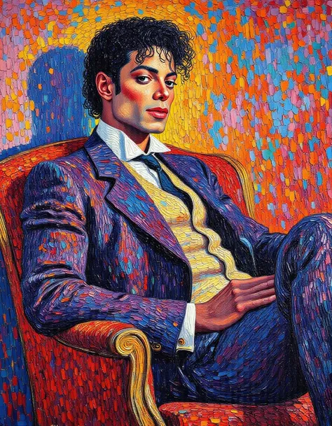 style of paul signac  , michael jackson man  sofa ,chair ,sitting  in oil painting style <lora:style_of_Paul_Signac_FLUX_130-000001:1>, <lora:style_of_Paul_Signac_FLUX_130:0.5>  <lora:michael_jackson_FLUX_Guiding_lora-000001:1>