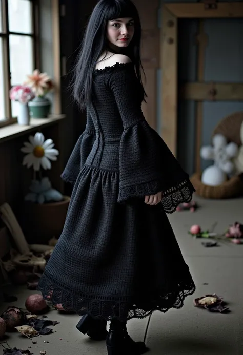 A Gothic woman with dark tones and intricate details, dressed in a bohemian crochet dress with voluminous bell sleeves. The rustic wooden house setting is illuminated by dramatic, high-contrast lighting, creating a moody, mysterious atmosphere. Black flowe...