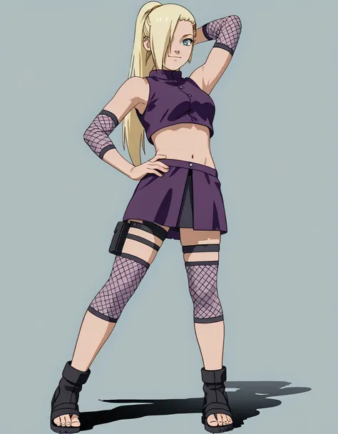 <lora:Ino_Yamanaka-step00000400:1>, 1girl, solo, ino_yamanaka, ino default outfit, purple crop top, short skirt, navel, toeless footwear, knees and elbows fishnets, simple background, standing, one arm raised, one arm on hip, looking at viewer, smile,