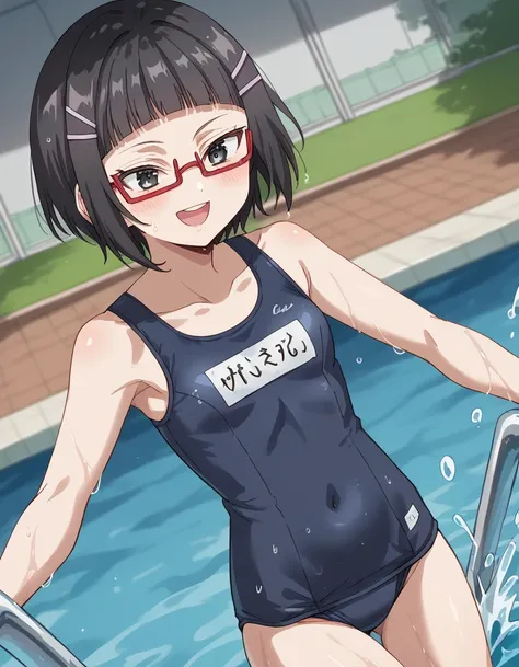 score_9, score_8_up, score_7_up, source_anime, <lora:sayaka-taniyama-s1-ponyxl-lora-nochekaiser:1>, sayaka taniyama, black eyes, black hair, short hair, bangs, blunt bangs, hair clip, glasses, red-framed eyewear,, <lora:old-school-swimsuit-ponyxl-lora-noch...