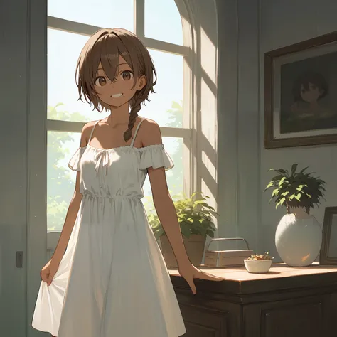 anime girl in white dress standing in front of a window