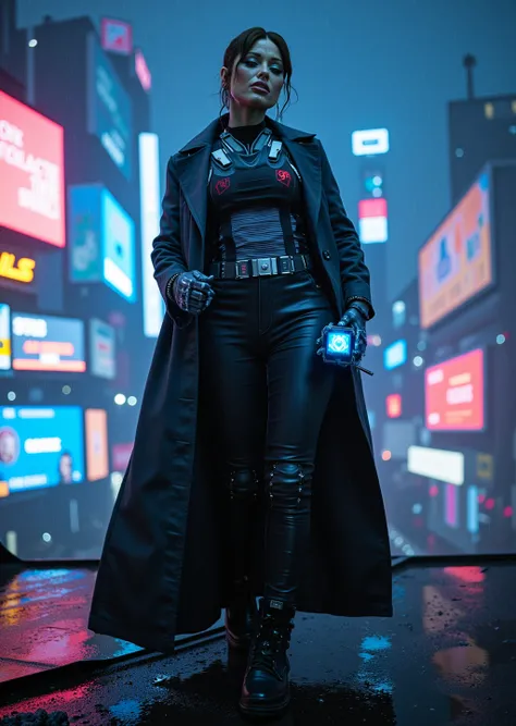 Full-body shot of a cybernetic woman standing on a rain-slicked rooftop in a Blade Runner-style megalopolis. Her left side is human, right side advanced machinery. She wears a sleek, noir-inspired trench coat, open to reveal her cybernetic body. Face fully...