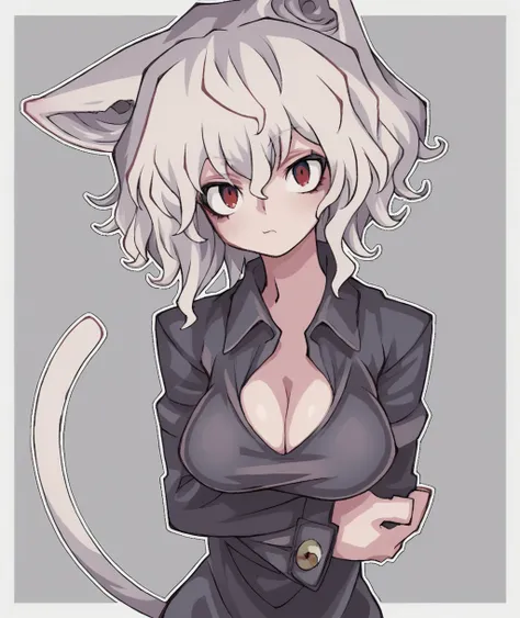 score_9, score_8_up. score_7_up,<lora:michael_jadeite:1>,michael_jadeite,
 neferpitou , score_9, michael_jadeite, large breasts, animal ears, cat tail, 1girl, crossed arms, shirt, long sleeves, cleavage, white hair, 1other, closed mouth, short hair, hair b...