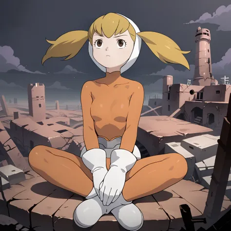 score_9, score_8_up, score_7_up, 1girl, solo, uncensored,  kaibaneiro,  serious, sitting, looking up, blonde hair, brown eyes, white hood, orange bodysuit, white gloves, white footwear, outdoors, abstract background, wasteland, ruins, tower, purple clouds,...