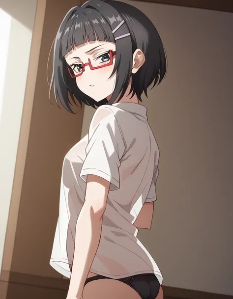 score_9, score_8_up, score_7_up, source_anime, <lora:sayaka-taniyama-s1-ponyxl-lora-nochekaiser:1>, sayaka taniyama, black eyes, black hair, short hair, bangs, blunt bangs, hair clip, glasses, red-framed eyewear,, <lora:see-through-silhouette-ponyxl-lora-n...