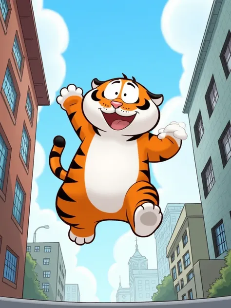 cartoon,tiger jump, happy, city, tall building