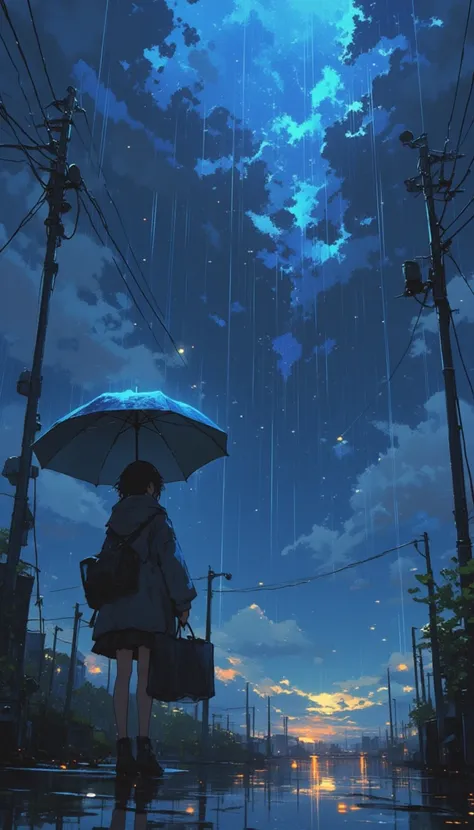 a girl, standing, holding a umbrella, rain, lookup the sky,lyh_niji