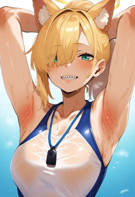 score_9,score_8_up,score_7_up,  <lora:hero_neisan_style_pdxl_goofy:1>heroneisan,1girl, animal ear fluff, animal ears, aqua eyes, armpits, arms up, blonde hair, dog ears, dog girl, extra ears, hair over one eye, halo, long hair, looking at viewer, one-piece...