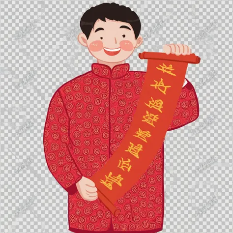 1boy, holding spring couplets, long spring couplets