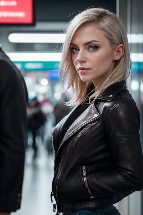 photo of S540_JamieJett,a gorgeous woman,in a (subway:1.1),wearing a (leather jacket),(shirt),(jeans),(4k, RAW photo, best quality, 50mm, depth of field, ultra high res:1.1),(intricate, photorealistic, cinematic-shot, masterpiece, ultra-detailed:1.1),