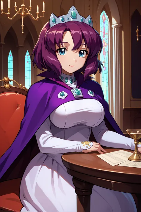 score_9, score_8_up, score_7_up, score_6_up, source_anime, 1girl, solo,  <lora:henrietta-pdxl-nvwls-v1-000005:1> hrta, purple hair, short hair, blue eyes, crown, purple cape, brooch, long sleeves, white dress, large breasts, sitting, chair, table, indoors,...